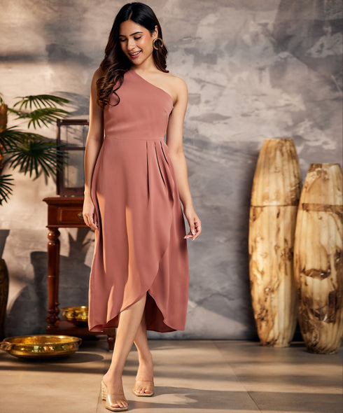 Draped Chiffon One Shoulder Brown Dress